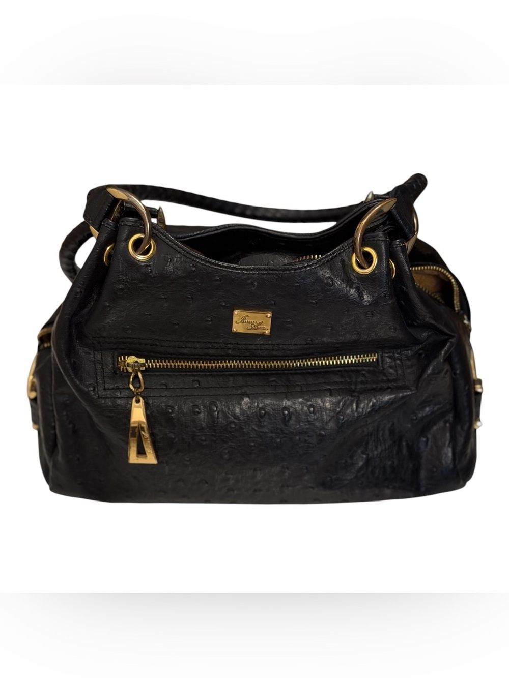 Isabella Adam’s Black Shoulder Bag with Gold Hardware - Embossed Texture